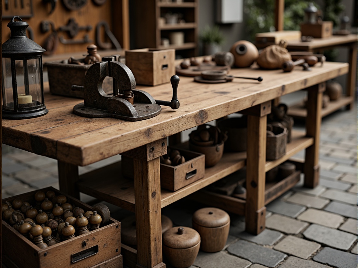 Prompt: Rustic workbench, reclaimed wooden planks, metal vice, distressed finishes, wooden toolboxes, rusty metal gears, vintage hand tools, earthy color palette, natural stone floor, wooden crates, old lanterns, warm soft lighting, shallow depth of field, 3/4 composition, realistic textures, ambient occlusion.