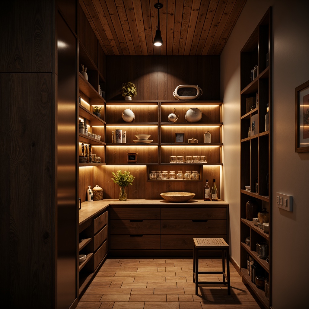 Prompt: Cozy pantry, warm ambient lighting, rustic wooden shelves, modern LED light strips, pendant lamps, frosted glass shades, soft warm glow, under-cabinet lighting, recessed ceiling lights, polished chrome fixtures, matte black finishes, geometric metalwork, minimalist design, subtle shadows, 1/1 composition, high contrast ratio, dramatic spotlighting.