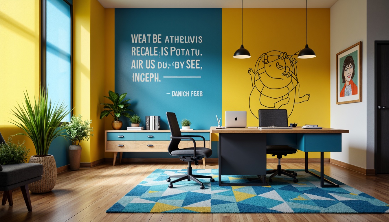 Prompt: Vibrant office interior, bold color accents, modern minimalist desk, ergonomic chair, sleek laptop, vibrant keyboard, pops of bright yellow, calming blue tones, natural wood textures, industrial metal legs, geometric patterns, abstract artwork, creative inspirational quotes, softbox lighting, 1/1 composition, shallow depth of field, realistic reflections.