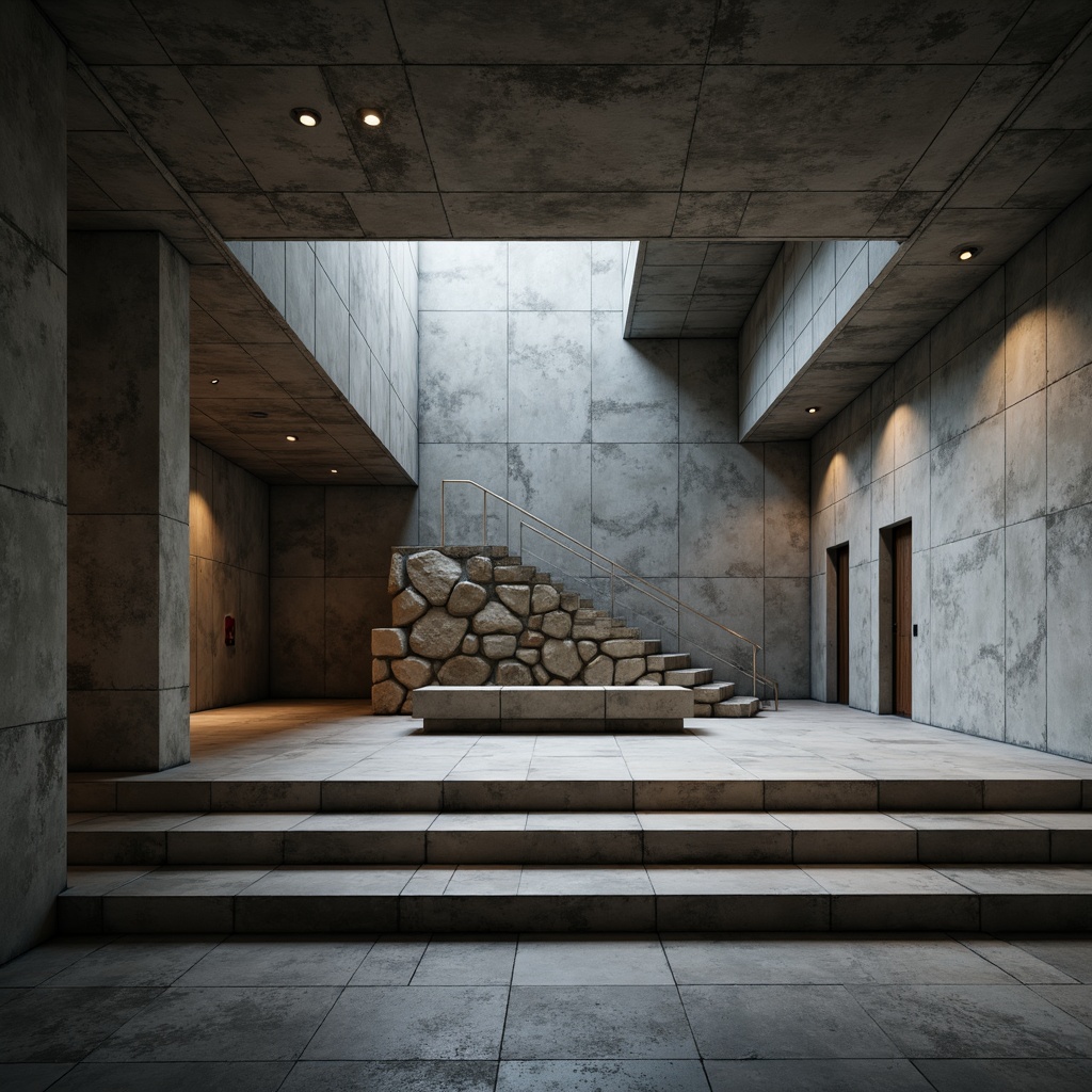 Prompt: Rough-textured concrete walls, brutalist architecture style, dramatic lighting effects, raised platforms, stepped seating, industrial metal beams, exposed ductwork, raw unfinished surfaces, bold geometric shapes, minimalist decor, functional simplicity, cold atmospheric tone, high-contrast shadows, cinematic perspective, 1-point perspective composition, realistic material rendering, ambient occlusion.