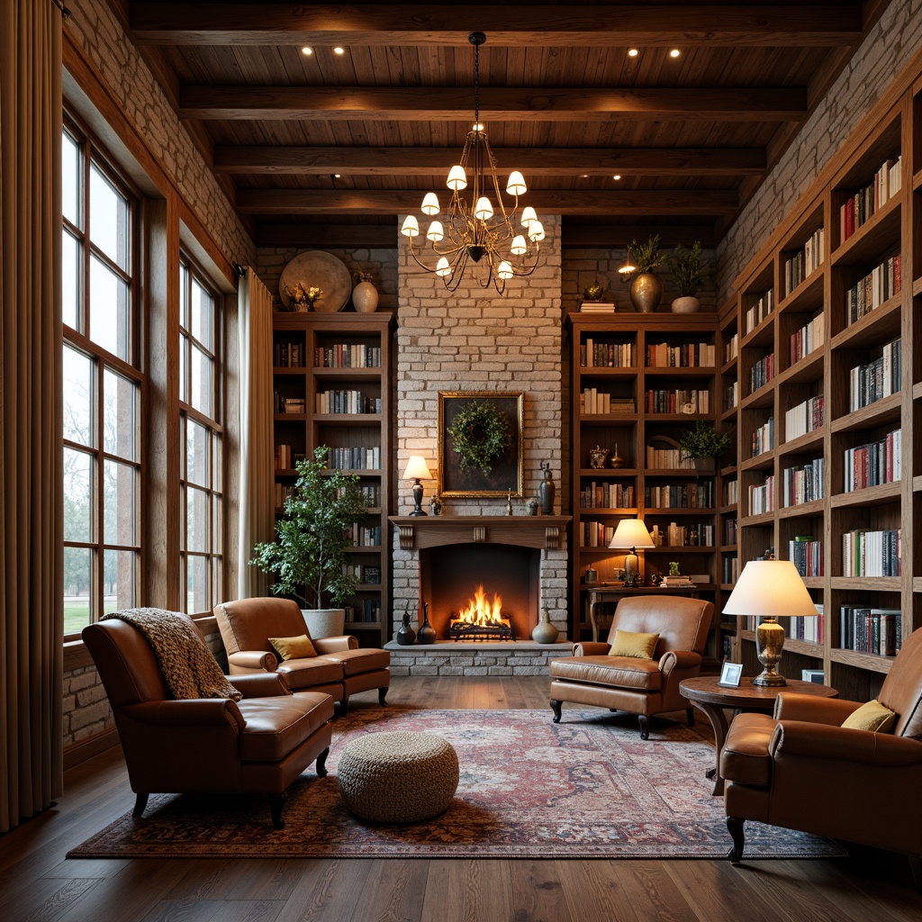 Prompt: Cozy rustic library, warm wooden bookshelves, vintage leather armchairs, plush throw blankets, crackling fireplace, soft candlelight, table lamps with linen shades, dimmable floor lamps, earthy color palette, natural stone walls, exposed wooden beams, rich wood accents, comfortable reading nooks, floor-to-ceiling windows, snowflake-like chandeliers, warm beige curtains, inviting atmosphere, relaxed ambiance, rustic metal lanterns, golden hour lighting, shallow depth of field, 1/1 composition, realistic textures, ambient occlusion.