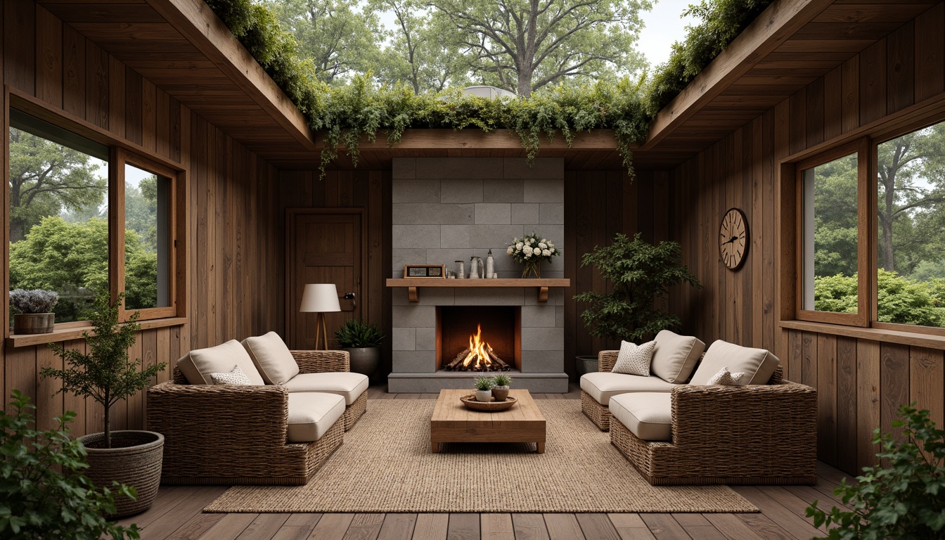 Prompt: Earthy cabin, reclaimed wooden walls, rustic stone fireplace, natural fiber textiles, woven wicker furniture, earthy color palette, moss-covered roof, wooden shutters, verdant surroundings, misty morning atmosphere, soft warm lighting, shallow depth of field, 1/1 composition, realistic textures, ambient occlusion.