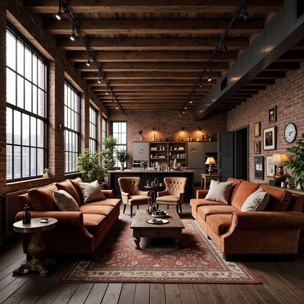 Prompt: Vintage industrial loft, exposed brick walls, wooden beam ceilings, metal frame windows, reclaimed wood floors, classic ornate furniture, plush velvet sofas, distressed leather armchairs, antique wooden coffee tables, ornamental metal lamps, rich brown color palette, warm soft lighting, shallow depth of field, 1/1 composition, realistic textures, ambient occlusion.