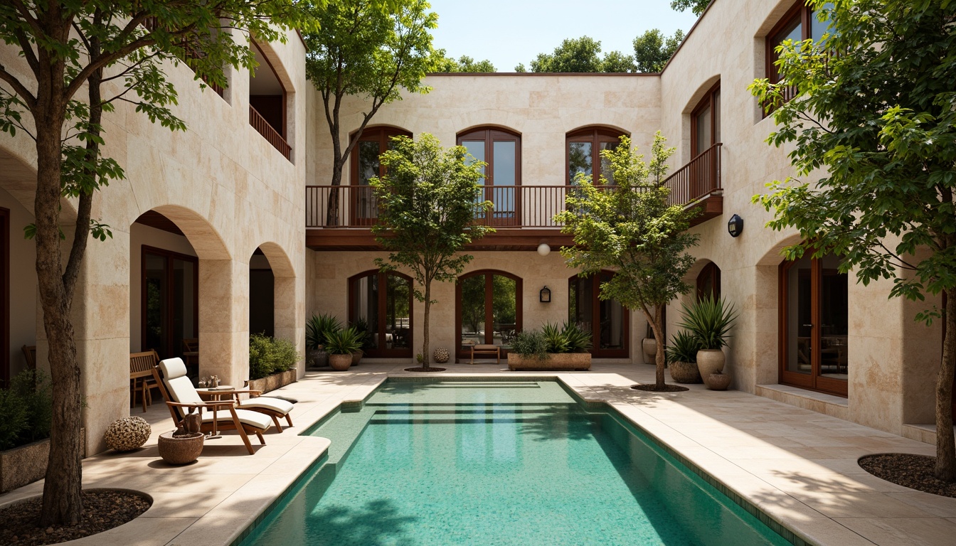 Prompt: Tranquil courtyard, rustic stone walls, turquoise pool water, lush greenery, vibrant bougainvillea, wooden pergolas, outdoor seating areas, wrought iron railings, ceramic tiles, stucco facades, arched windows, ornate doorways, natural limestone flooring, warm beige color palette, soft diffused lighting, shallow depth of field, 1/1 composition, serene ambiance, realistic textures, ambient occlusion.