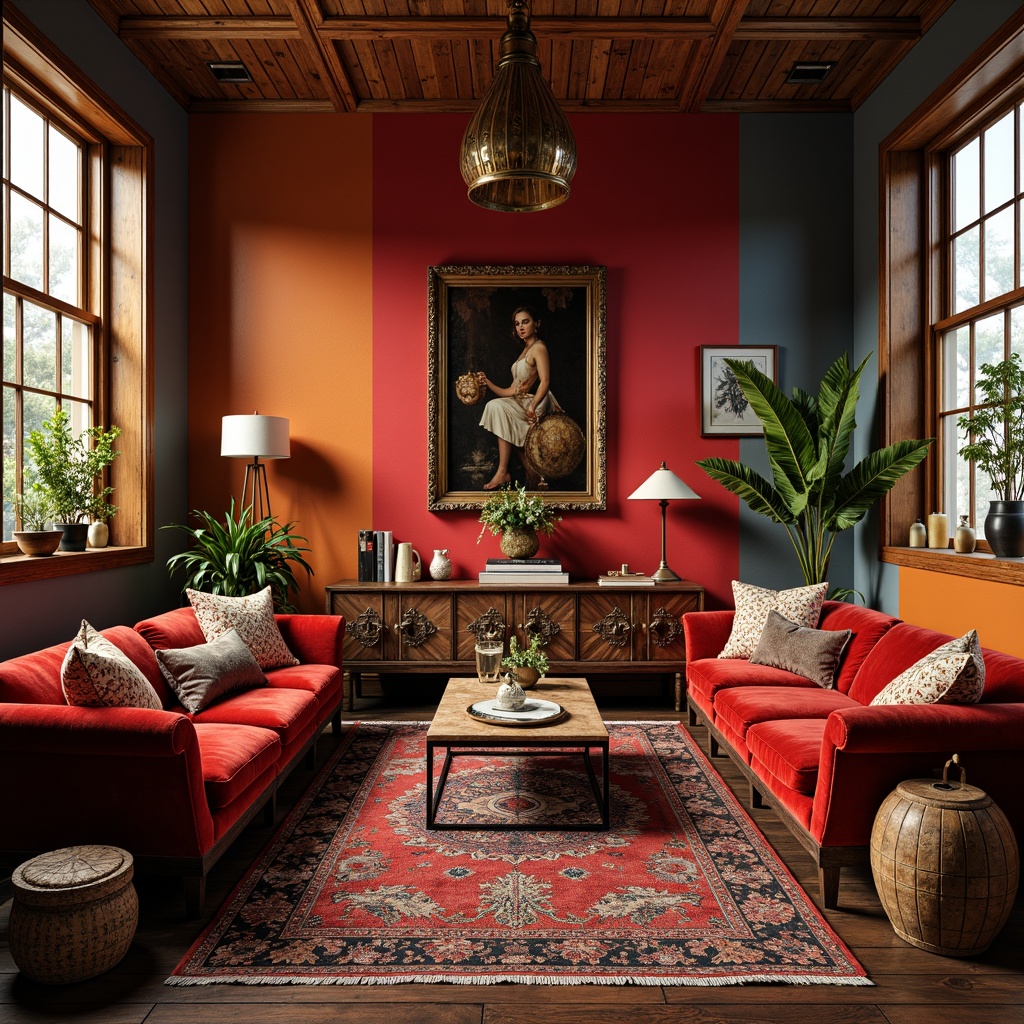 Prompt: Vibrant eclectic interior, bold color blocking, rich velvet fabrics, distressed wood textures, antique furniture pieces, ornate metal fixtures, bohemian-inspired patterns, vintage rug accents, warm golden lighting, soft warm shadows, 1/1 composition, shallow depth of field, realistic textures, ambient occlusion.