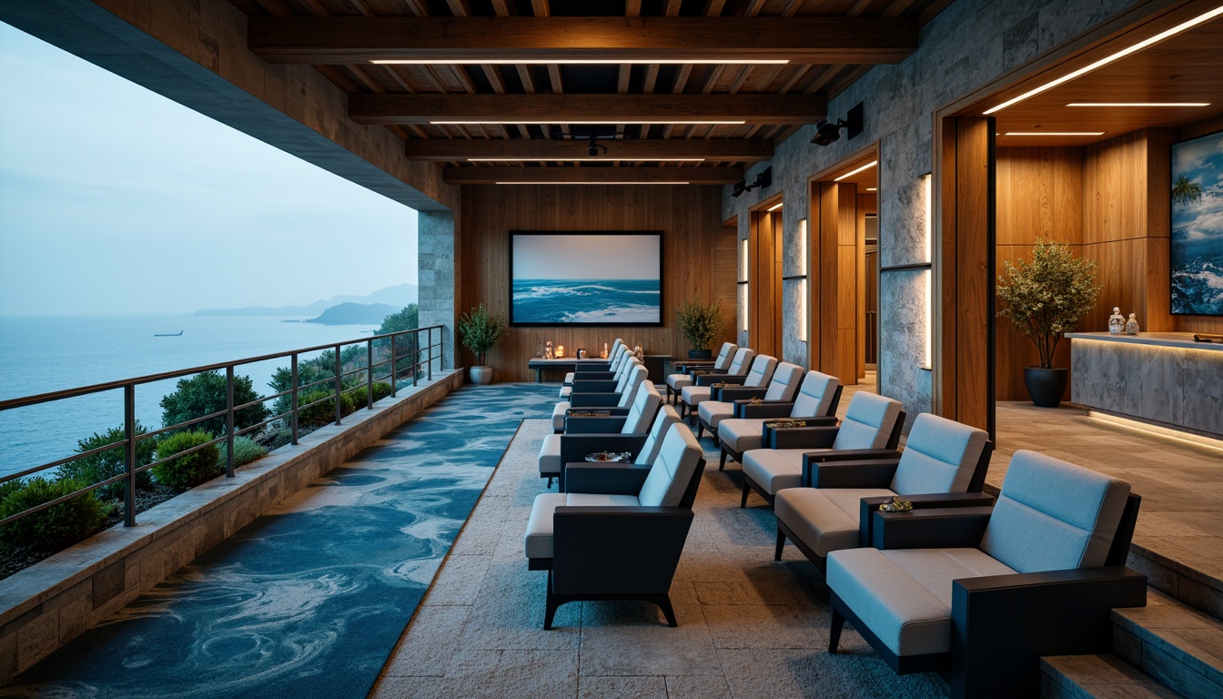 Prompt: Coastal-style cinema, driftwood accents, ocean-inspired color palette, soft blue hues, sandy beige tones, wave-patterned carpets, plush velvet seats, curved rows, intimate screening areas, ambient LED lighting, warm candlelight glow, natural stone walls, reclaimed wood decor, nautical-themed artwork, minimalistic decorations, sleek metal railings, stainless steel fixtures, panoramic ocean views, misty morning atmosphere, soft focus photography, cinematic color grading, 3/4 composition, realistic textures, subtle ambient occlusion.