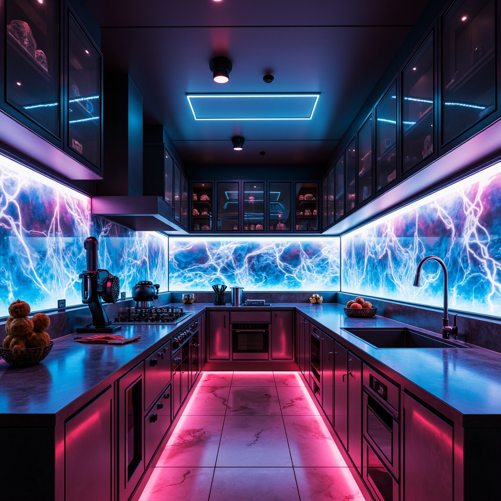 Prompt: Futuristic kitchen, neon-lit countertops, iridescent glass surfaces, holographic displays, metallic cabinets, robotic arms, automated cooking systems, LED lighting strips, sleek minimalist design, high-gloss finishes, bold color schemes, abstract geometric patterns, 3D-printed decorative accents, matte black hardware, touch-sensitive interfaces, wireless charging stations, ambient futuristic soundtrack, shallow depth of field, cinematic composition.