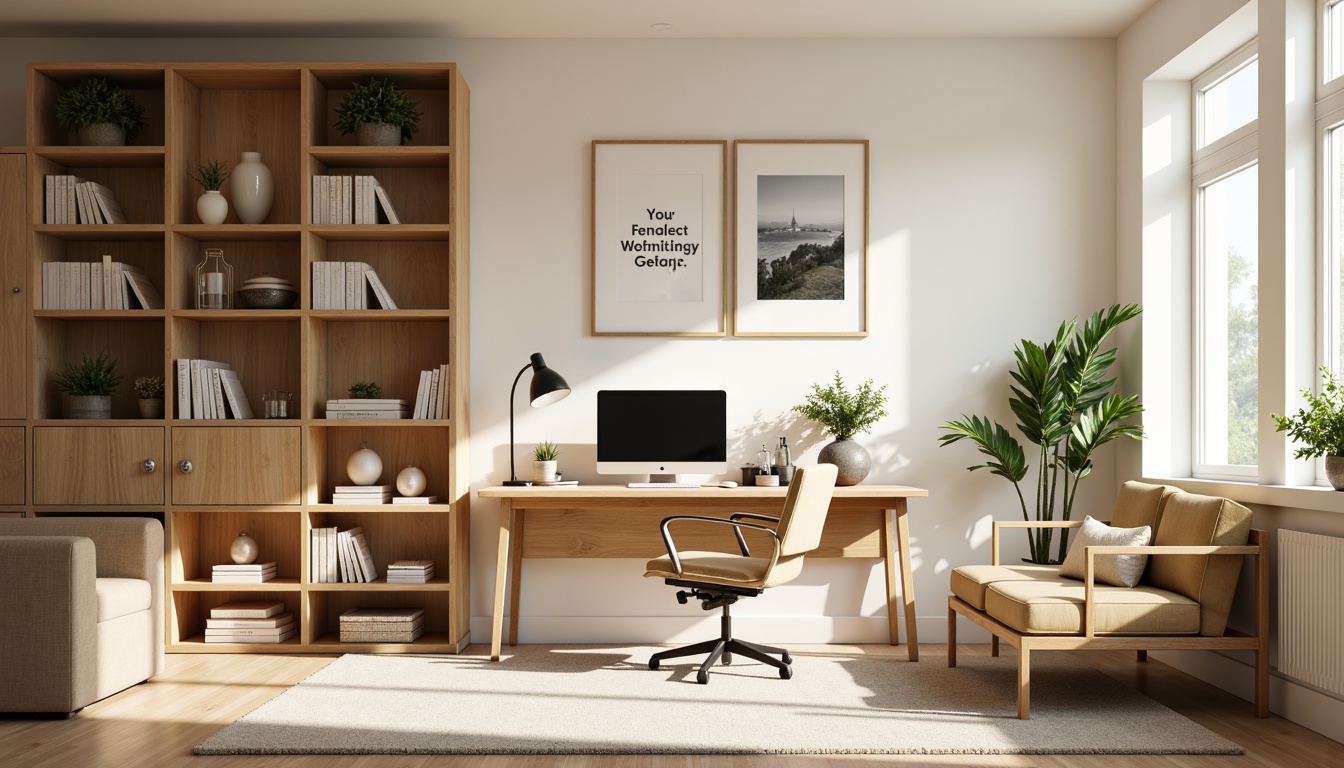 Prompt: Modern home office, ergonomic chair, wooden desk, adjustable shelving units, minimalist decor, natural wood textures, soft warm lighting, creamy white walls, organized storage solutions, multi-functional furniture pieces, sleek metal legs, comfortable seating areas, inspirational quotes, motivational artwork, calming greenery, air-purifying plants, subtle scents, 3/4 composition, realistic renderings, shallow depth of field.