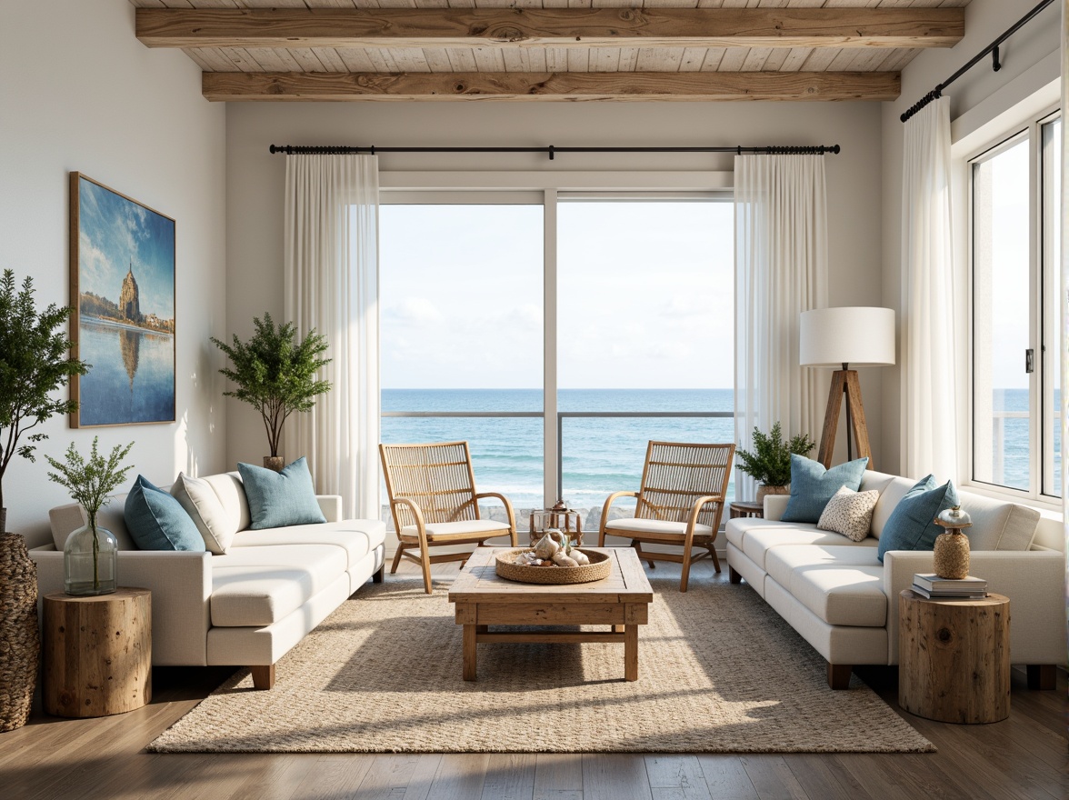 Prompt: Cozy coastal living room, driftwood furniture, soft blue and white color palette, natural fiber rugs, woven sea grass chairs, reclaimed wood coffee tables, shell-inspired decorative accents, ocean view windows, sheer white curtains, ambient beach lighting, 1/2 composition, shallow depth of field, realistic textures, warm sunny day, gentle ocean breeze.