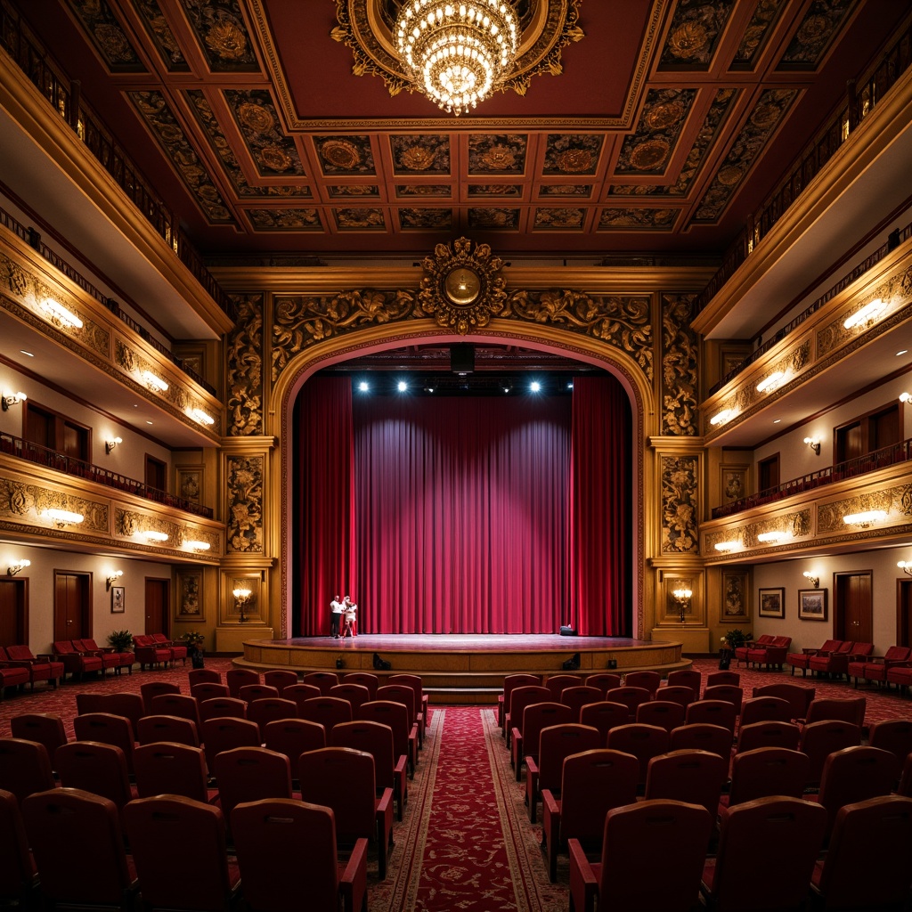 Prompt: \Traditional performing arts center, ornate wooden stage, red velvet curtains, golden lanterns, intricate carvings, luxurious seating areas, plush crimson chairs, tiered balconies, ornamental railings, lavish chandeliers, warm soft lighting, dramatic spotlights, 3/4 composition, shallow depth of field, realistic textures, ambient occlusion.\Please let me know if this meets your requirements.