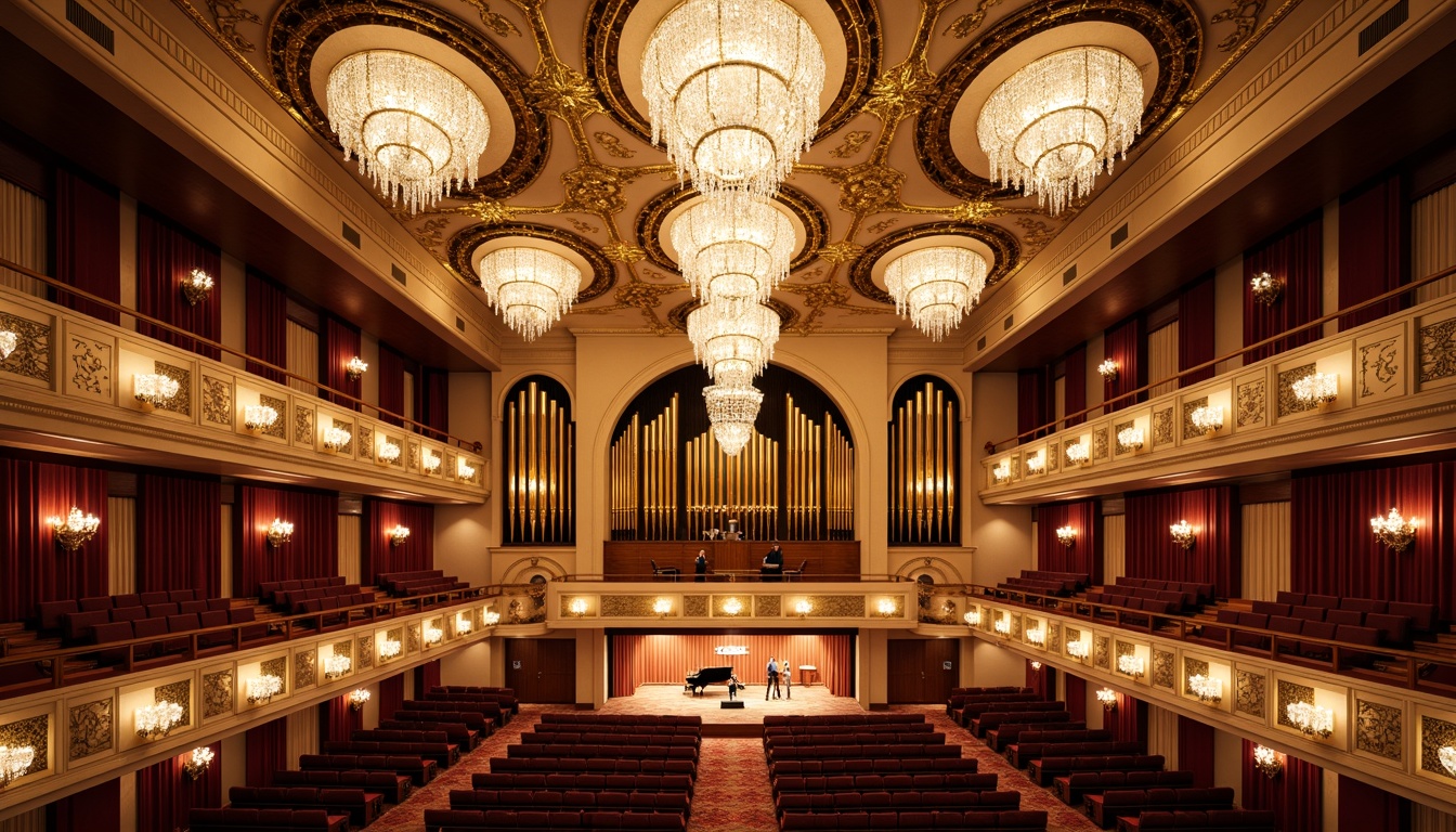 Prompt: Elegant concert hall, ornate gold decorations, crystal chandeliers, velvet drapes, intricate carvings, lavish furnishings, acoustic panels, soundproofing materials, grand pianos, orchestral seating, Baroque-inspired architecture, opulent details, soft warm lighting, shallow depth of field, 1/1 composition, realistic textures, ambient occlusion, gilded moldings, pastel color palette, refined wood tones, luxurious atmosphere, intimate setting, warm sound reflections.