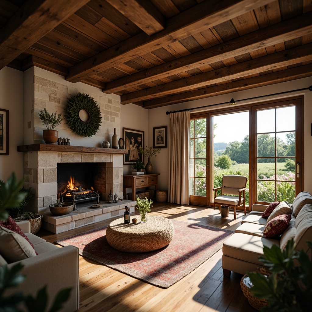 Prompt: Rustic farmhouse, vintage decorations, distressed wood accents, natural stone walls, earthy color palette, wooden beams, cozy fireplace, plush furniture, woven textiles, floral patterns, soft warm lighting, shallow depth of field, 3/4 composition, intimate atmosphere, idyllic countryside views, lush greenery, blooming wildflowers, sunny afternoon, gentle breeze.