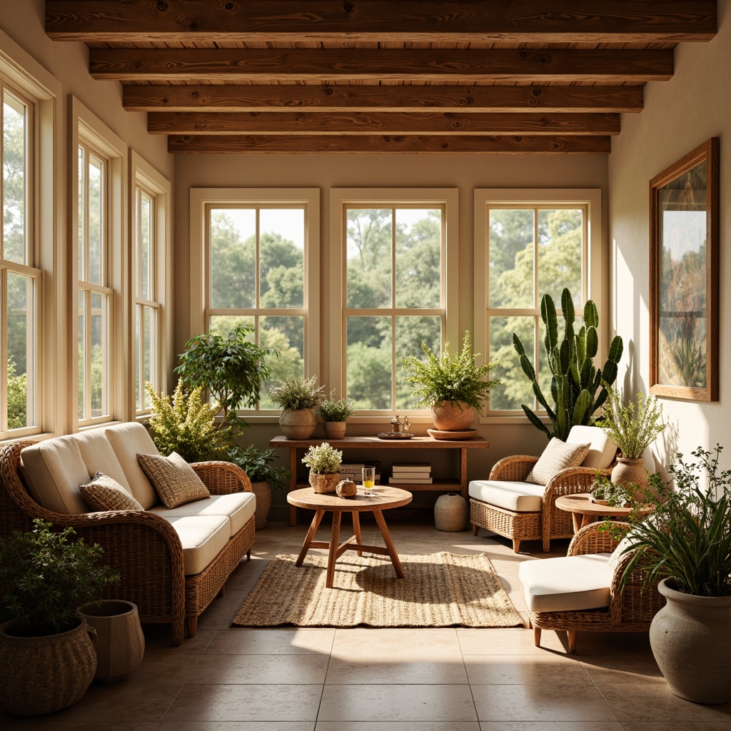 Prompt: Warm sunroom, natural wood accents, soft beige walls, plush cushions, woven wicker furniture, earthy terracotta pots, lush greenery, blooming flowers, warm golden lighting, cozy throw blankets, rustic wooden beams, creamy white trim, inviting armchairs, nature-inspired artwork, sunny afternoon, gentle warmth, shallow depth of field, 1/1 composition, realistic textures, ambient occlusion.