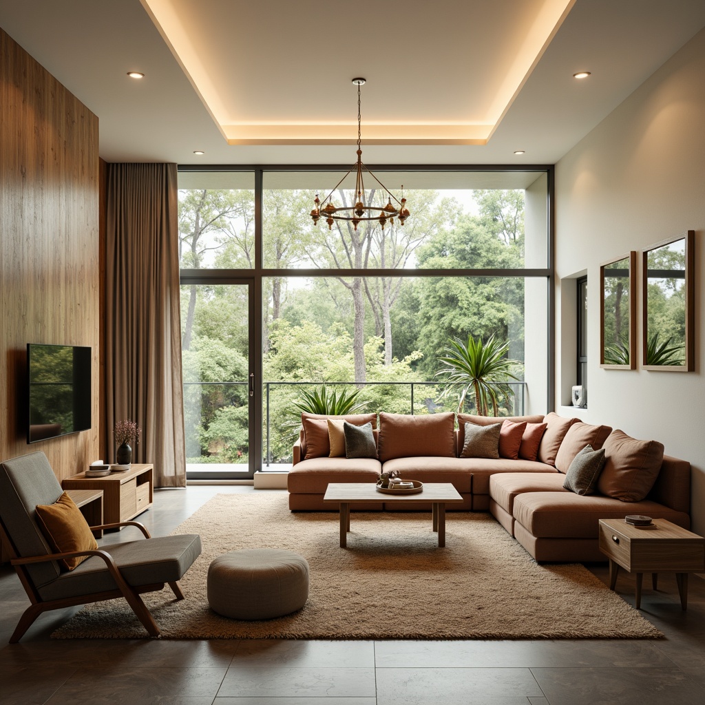 Prompt: Cozy living room, plush sectional sofa, soft velvet pillows, wooden coffee table, comfortable recliner chair, warm beige carpet, floor-to-ceiling windows, natural daylight, calming forest view, minimalist decor, cream-colored walls, elegant chandelier, relaxing atmosphere, warm lighting, 1/2 composition, shallow depth of field, realistic textures.