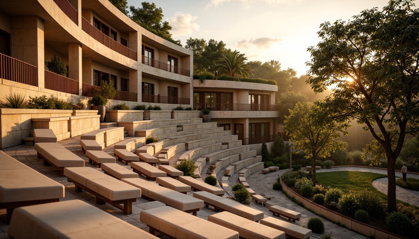 Prompt: Vibrant amphitheater, tiered seating, curved architecture, warm beige stone walls, rich brown wood accents, lush green foliage, natural earthy tones, subtle rust metal details, soft gradient sunset, warm golden lighting, shallow depth of field, 1/2 composition, realistic textures, ambient occlusion.