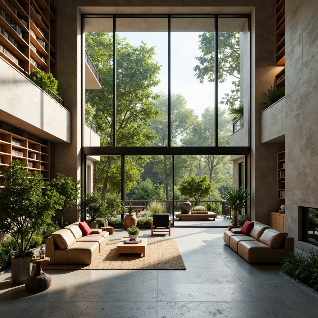 Prompt: Modern minimalist living room, floor-to-ceiling windows, sliding glass doors, natural stone flooring, sleek low-profile furniture, ample daylight, soft diffused lighting, lush greenery, potted plants, organic textures, geometric patterns, open-plan layout, functional zones, cozy reading nooks, built-in shelving units, wooden accents, earthy color palette, warm atmosphere, 1/1 composition, shallow depth of field, panoramic view.