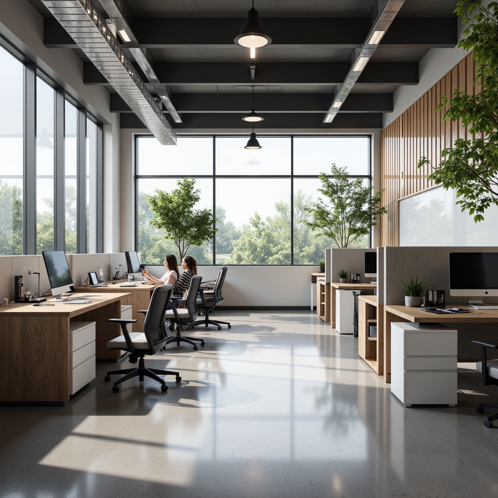 Prompt: Modern office workspace, minimalist decor, ergonomic furniture, adjustable desks, comfortable chairs, ample storage cabinets, collaborative workstations, whiteboard walls, floor-to-ceiling windows, natural daylight, soft ambient lighting, 1/1 composition, shallow depth of field, realistic textures, ambient occlusion.