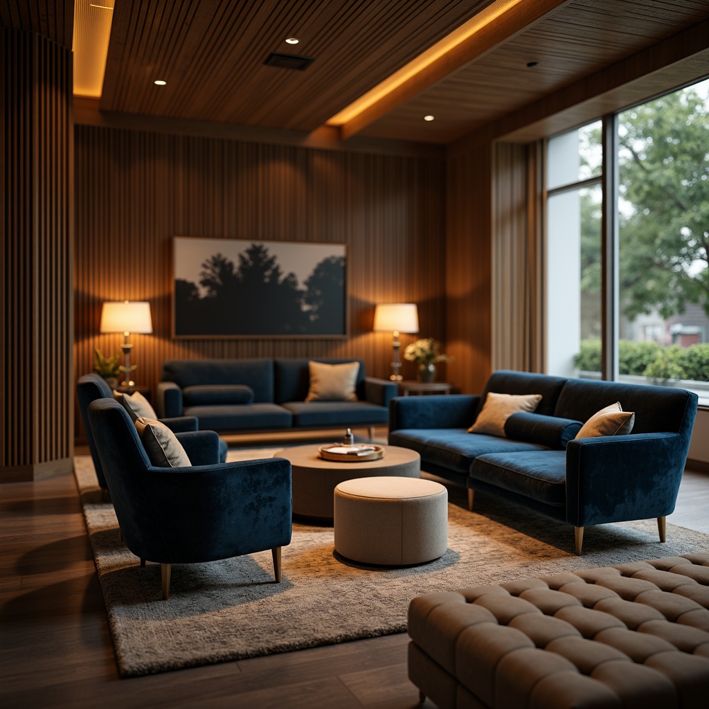 Prompt: Streamlined armchairs, velvet upholstery, rich jewel tones, curved lines, low-profile sofas, tufted ottomans, metallic accents, geometric patterns, minimalist legs, sleek coffee tables, rounded edges, luxurious fabrics, soft warm lighting, atmospheric ambiance, 1/1 composition, shallow depth of field, realistic textures, ambient occlusion.