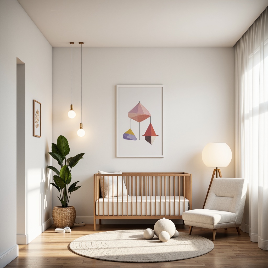 Prompt: Minimalist baby room, white walls, wooden flooring, modern crib, abstract mobiles, geometric wall art, innovative LED lighting fixtures, spherical pendant lamps, cylindrical table lamps, frosted glass shades, matte metal finishes, pastel color scheme, soft ambient glow, warm cozy atmosphere, natural daylight, sheer curtains, 1/1 composition, shallow depth of field, realistic textures.