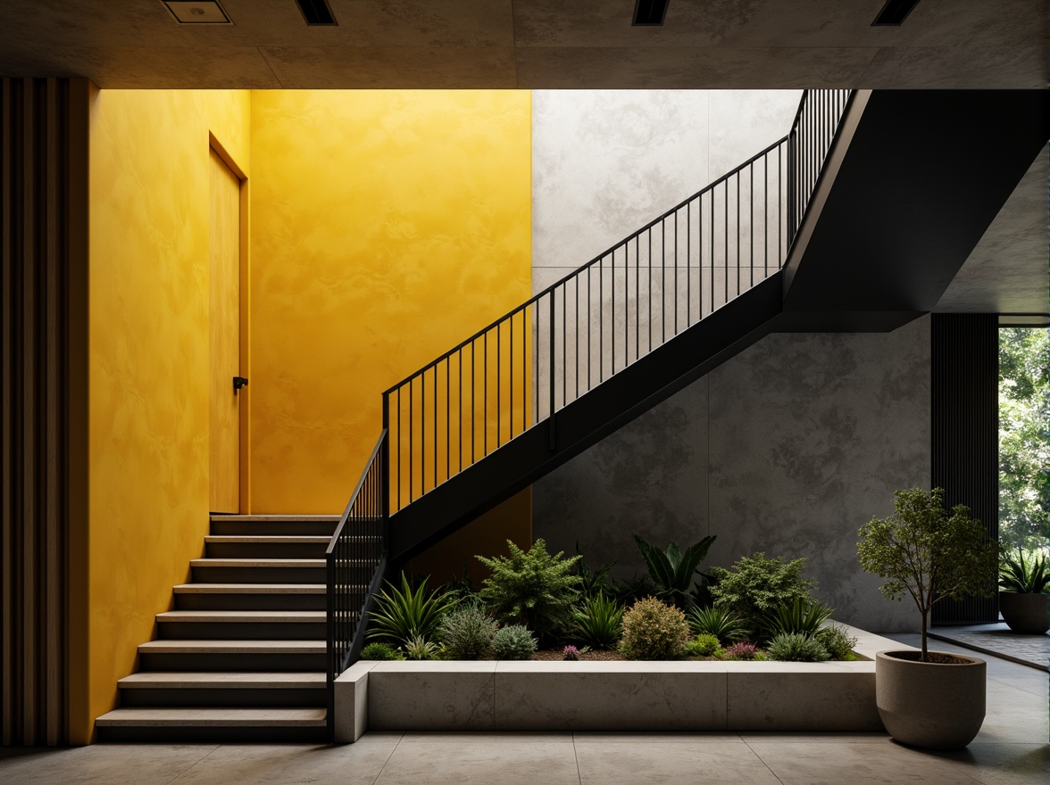 Prompt: Monochromatic staircase, sleek metal handrails, minimalist design, accent wall with bold yellow, subtle texture contrast, natural stone flooring, industrial chic atmosphere, sparse greenery, modern LED lighting, shallow depth of field, 1/2 composition, cinematic camera angle, soft warm glow, realistic shadowing.