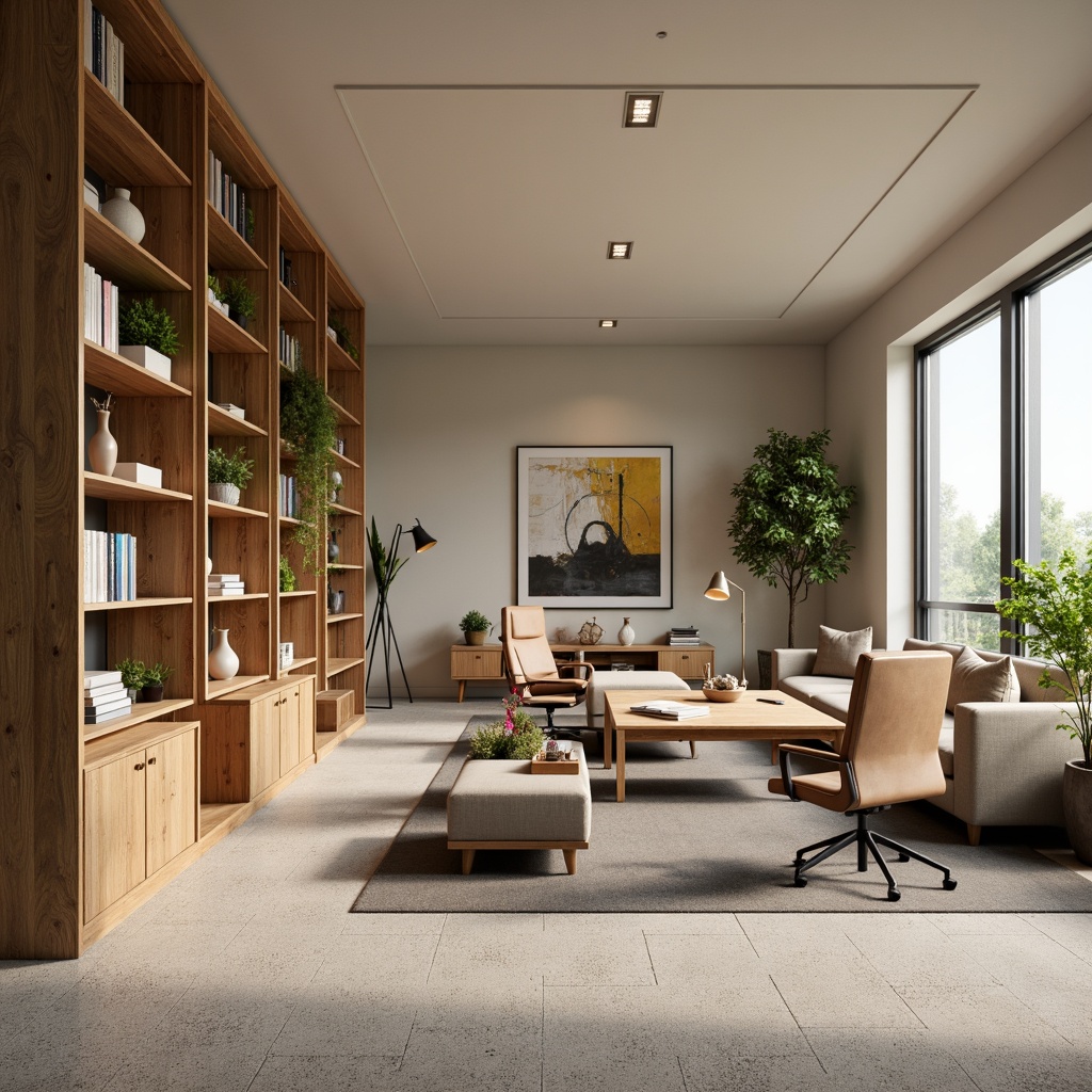 Prompt: Modern home office, ergonomic desk chairs, wooden workstations, floor lamps, bookshelves, minimalist decor, organized storage, comfortable sofas, coffee tables, potted plants, natural wood accents, soft carpeting, warm beige walls, large windows, abstract artwork, functional layout, 1/1 composition, softbox lighting, realistic textures.