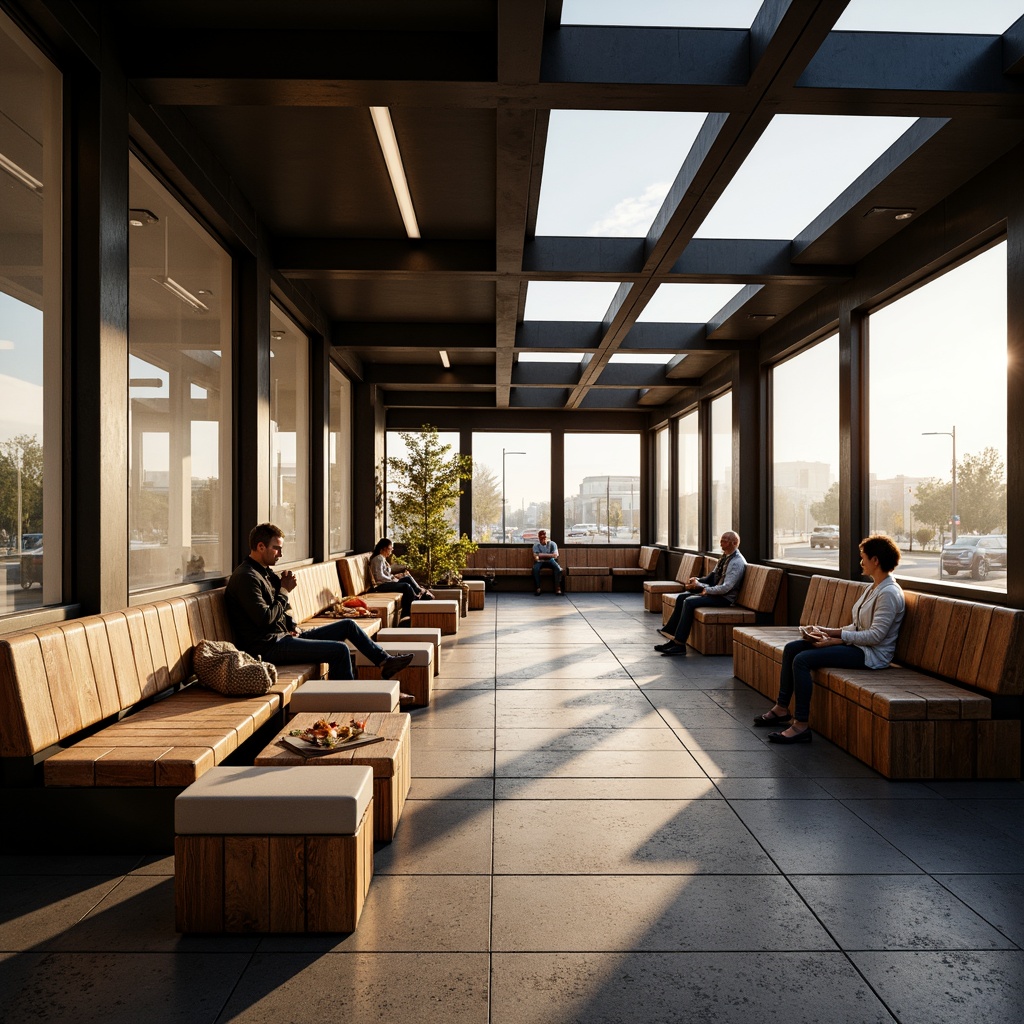 Prompt: Cozy bus station, comfortable seating areas, wooden benches, soft cushions, warm lighting, modern architecture, large windows, glass roofs, natural stone floors, urban landscape, city views, gentle afternoon sun, shallow depth of field, 1/1 composition, realistic textures, ambient occlusion.