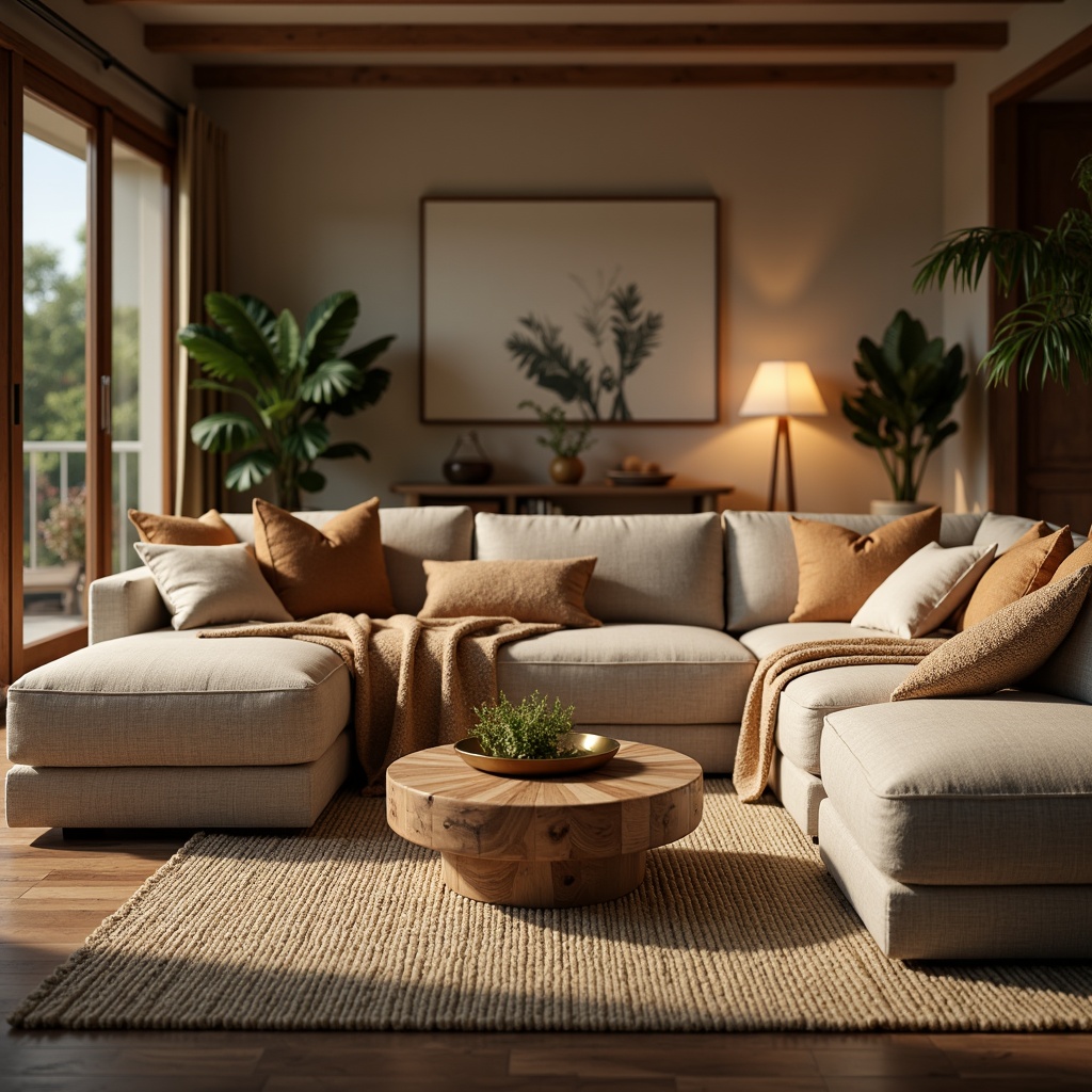 Prompt: Cozy living room, plush couches, soft cushions, warm earthy tones, natural wood accents, comfortable sectionals, oversized pillows, textured blankets, ambient floor lamps, modern minimalist decor, calming greenery, gentle natural light, shallow depth of field, 1/1 composition, realistic textures, soft warm lighting.