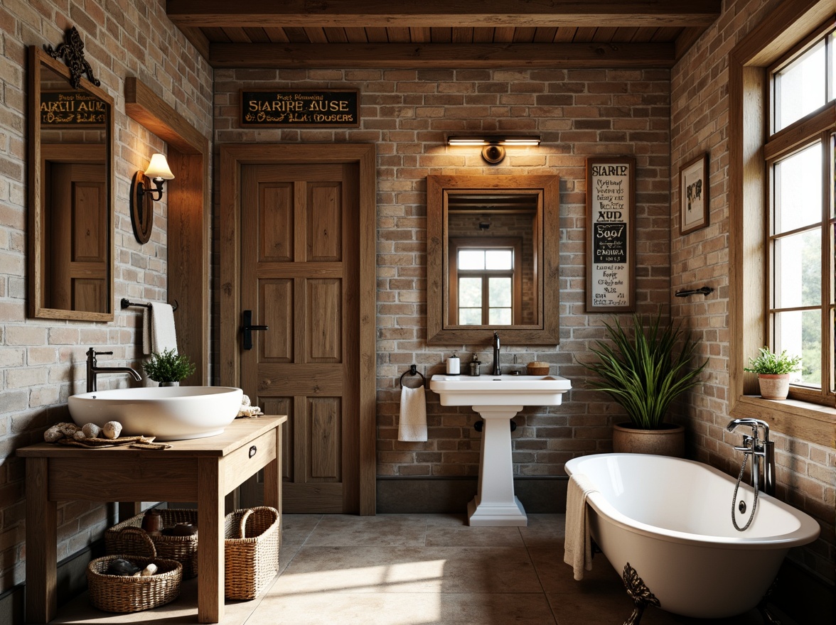 Prompt: Rustic farmhouse bathroom, distressed wood accents, vintage metal fixtures, porcelain sinks, clawfoot tubs, ornate mirrors, brick walls, natural stone floors, earthy color palette, soft warm lighting, shallow depth of field, 3/4 composition, realistic textures, ambient occlusion, farmhouse-style signs, potted greenery, woven baskets, antique decorative items.