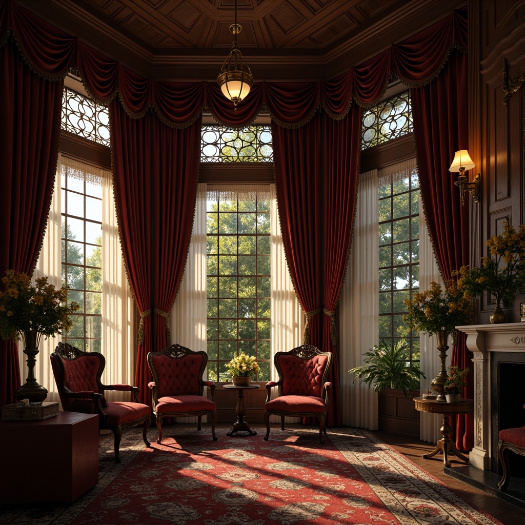 Prompt: Elegant Victorian mansion, ornate wooden facade, stained glass windows, flowing drapery, rich velvet curtains, tassel trim, lace valances, intricate floral patterns, soft warm lighting, shallow depth of field, 1/1 composition, realistic textures, ambient occlusion.