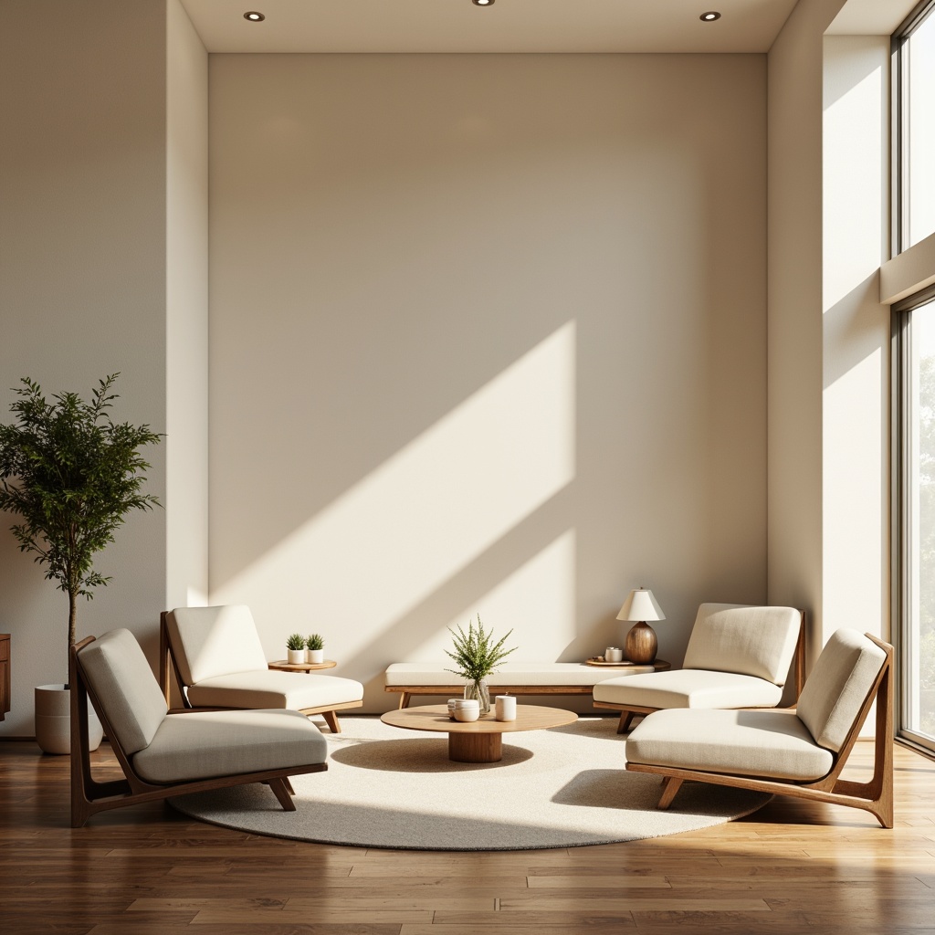 Prompt: Monochromatic modern interior, sleek Streamline Moderne furniture, curved lines, minimal ornamentation, calming neutral tones, soft beige walls, creamy white accents, rich wood flooring, polished chrome fixtures, ambient warm lighting, subtle texture contrast, 1/1 composition, shallow depth of field, realistic reflections, atmospheric misting effects.