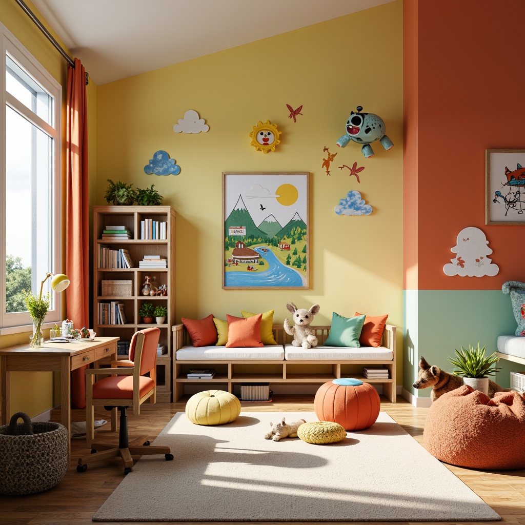 Prompt: Vibrant kids' room, playful color scheme, sturdy wooden furniture, rounded edges, soft cushions, cartoon character decals, educational wall art, interactive toys, cozy reading nook, adjustable desk lamps, kid-friendly materials, ergonomic chair design, safety-first construction, bright natural lighting, shallow depth of field, 3/4 composition, panoramic view, realistic textures, ambient occlusion.