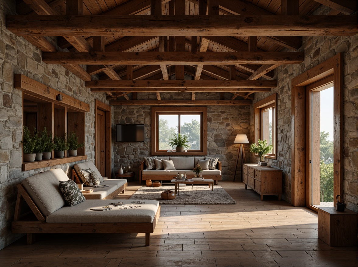 Prompt: Rustic wooden beams, distressed finishes, natural textures, earthy tones, cozy ambiance, cabin-inspired interior, wooden accents, stone walls, vintage decor, warm lighting, shallow depth of field, 1/1 composition, realistic wood grain, ambient occlusion, serene atmosphere, quiet solitude.