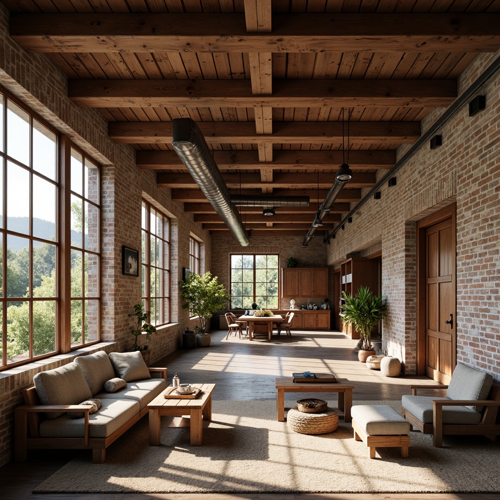 Prompt: Rustic farmhouse, vintage wooden beams, distressed brick walls, earthy color palette, natural stone flooring, exposed ductwork, industrial metal accents, reclaimed wood furniture, plush throw blankets, cozy reading nooks, oversized windows, soft warm lighting, shallow depth of field, 3/4 composition, panoramic view, realistic textures, ambient occlusion.