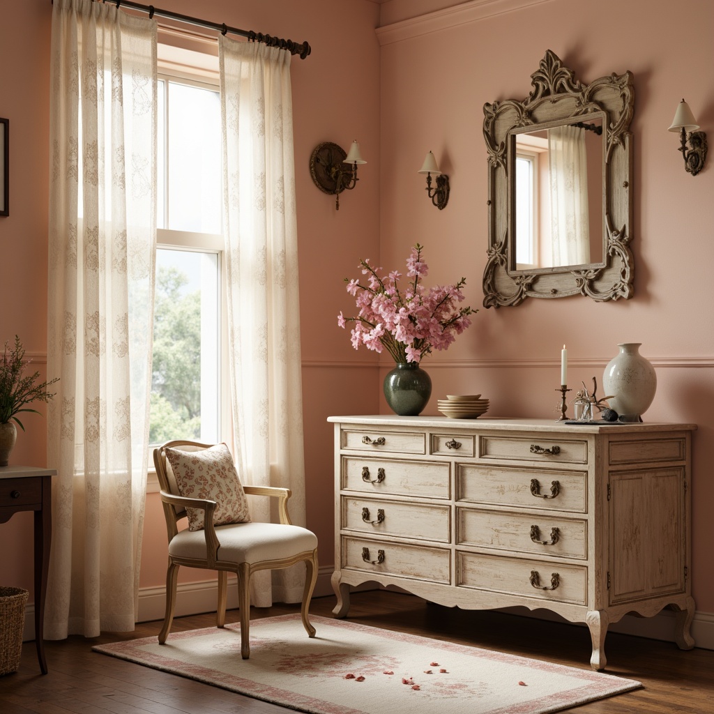 Prompt: Soft peach walls, distressed wood furniture, vintage floral patterns, lace curtains, pastel pink accents, creamy whites, warm beige tones, rustic metal fixtures, ornate mirrors, delicate porcelain vases, faded rose petals, gentle candlelight, shallow depth of field, 1/1 composition, romantic ambiance, soft focus, realistic textures.