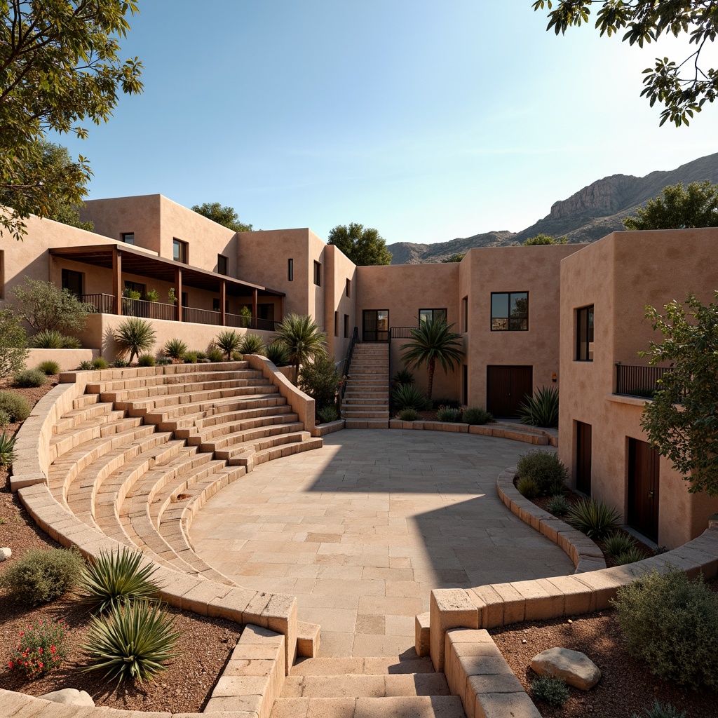 Prompt: Southwestern style amphitheater, natural stone seating, rustic wooden railings, adobe-inspired architecture, earthy color palette, warm sandy tones, desert flora surroundings, cacti and succulents, clear blue sky, sunny day, gentle breeze, soft warm lighting, shallow depth of field, 3/4 composition, panoramic view, realistic textures, ambient occlusion, optimal sound reflection, minimal echo, clarity in vocal projection, even music distribution, audience engagement, intimate performance setting.