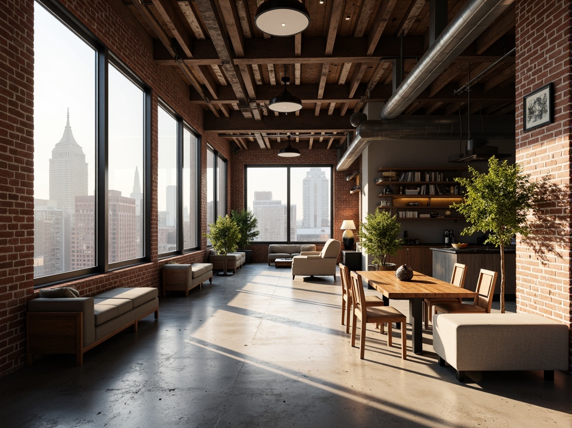 Prompt: Industrial-chic loft interior, exposed brick walls, polished concrete floors, steel beam ceilings, minimalist decor, sleek metal accents, reclaimed wood furniture, urban skyline views, large windows, natural light pouring in, soft warm ambiance, atmospheric shadows, 3/4 composition, shallow depth of field, cinematic lighting, realistic textures, ambient occlusion.