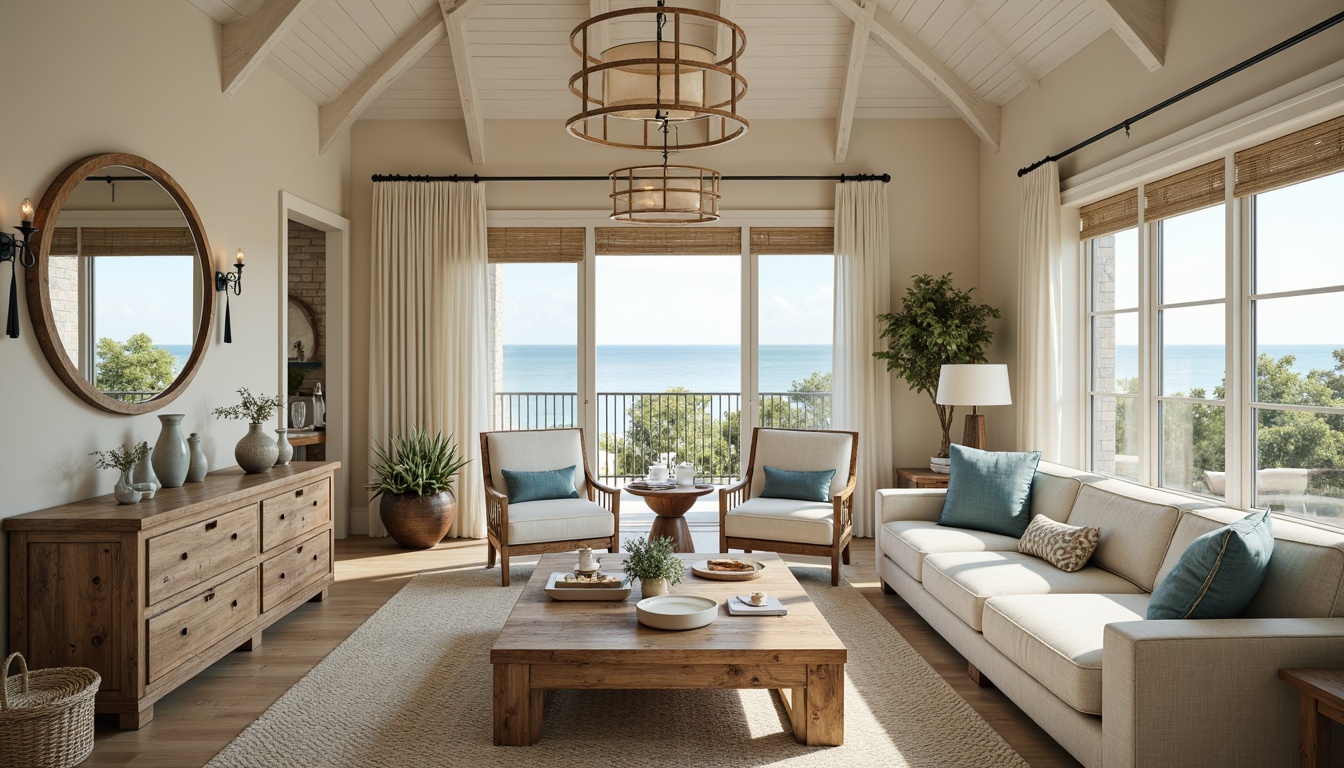 Prompt: Coastal cottage, driftwood furniture, ocean-inspired accents, sea glass vases, coral-patterned rugs, sandy beige walls, natural linen upholstery, nautical rope details, distressed wood finishes, weathered metal decor, shell-adorned mirrors, beachy textiles, soft blue-green color palette, warm sunny lighting, relaxed atmosphere, casual seating areas, beach-themed artwork, vintage sailing instruments, natural fiber window treatments, ocean-breeze sounds.