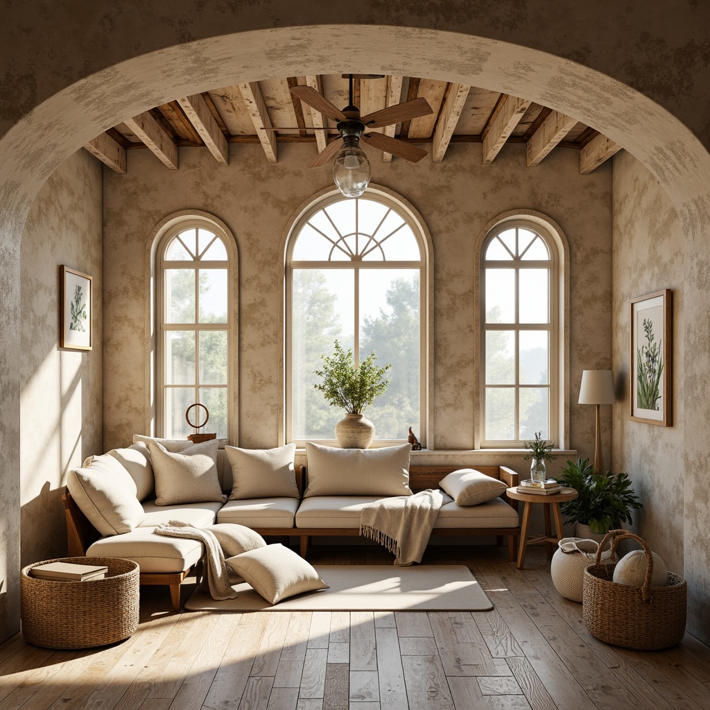 Prompt: Rustic stone walls, distressed wooden planks, soft warm beige colors, elegant arched windows, vintage distressed finishes, ornate metalwork, creamy white accents, natural linen fabrics, woven baskets, botanical prints, soft candlelight, 1/1 composition, shallow depth of field, realistic textures, ambient occlusion.