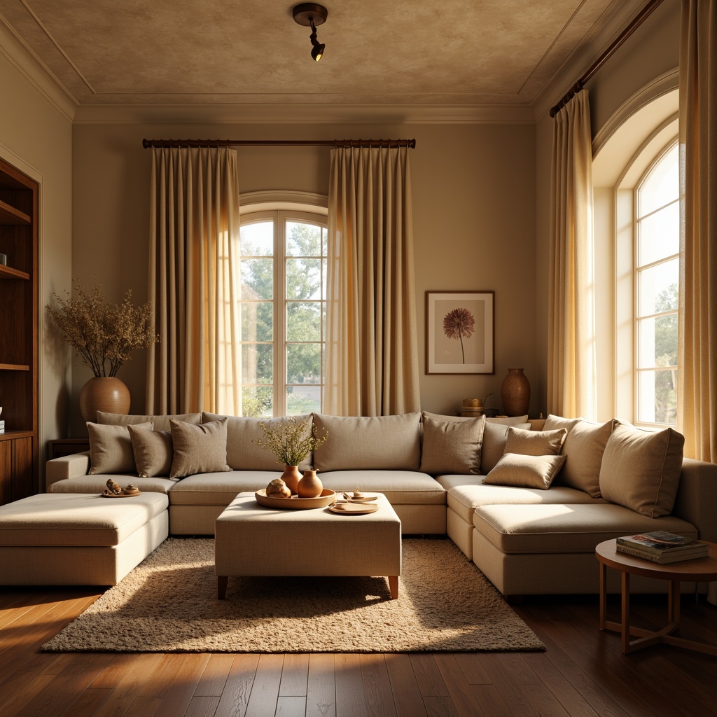 Prompt: Cozy living room, warm beige walls, rich walnut wood furniture, plush velvet sofas, soft golden lighting, natural linen curtains, earthy terracotta vases, decorative ceramic accents, inviting atmosphere, calming color scheme, harmonious palette, analogous hues, soothing neutrals, gentle pastels, subtle texture contrasts, 1/1 composition, intimate framing, warm ambient light, realistic material rendering.