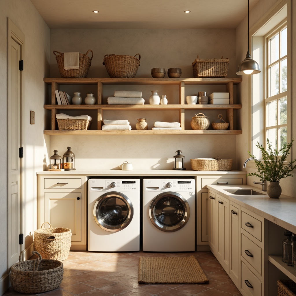 Prompt: Cozy laundry room, warm beige walls, soft cream-colored cabinets, rustic wooden shelves, vintage-inspired metal lanterns, warm white LED lighting, delicate glass pendant lights, natural linen fabrics, woven wicker baskets, distressed wood accents, classic ceramic tiles, earthy terracotta floors, soft pastel colors, warm afternoon sunlight, gentle shadows, 1/1 composition, realistic textures, ambient occlusion.