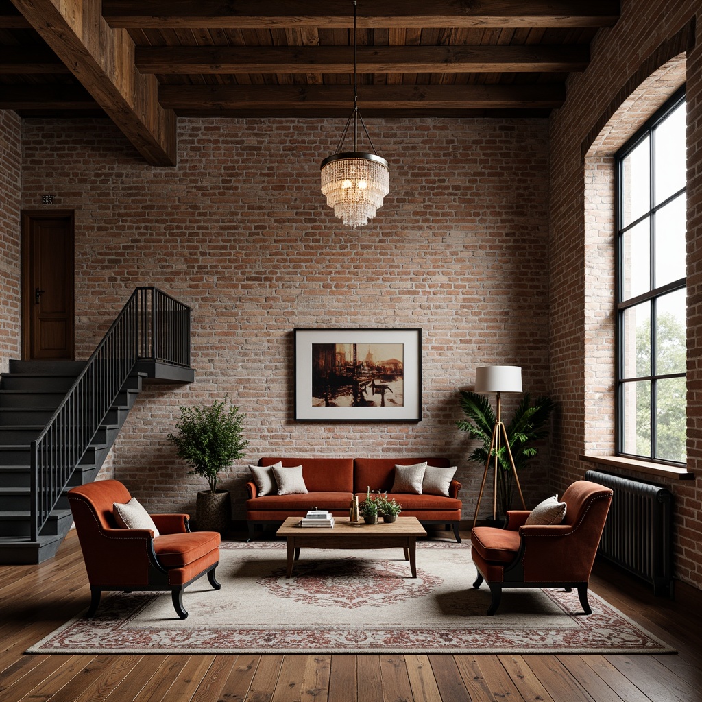 Prompt: Vintage industrial loft, exposed brick walls, distressed wooden floors, reclaimed wood beams, minimalist metal staircase, elegant crystal chandeliers, plush velvet sofas, ornate antique armchairs, rustic wooden coffee tables, decorative vintage rugs, classic French windows, natural light pouring in, soft warm atmosphere, 1/2 composition, subtle shadows, realistic textures, ambient occlusion.