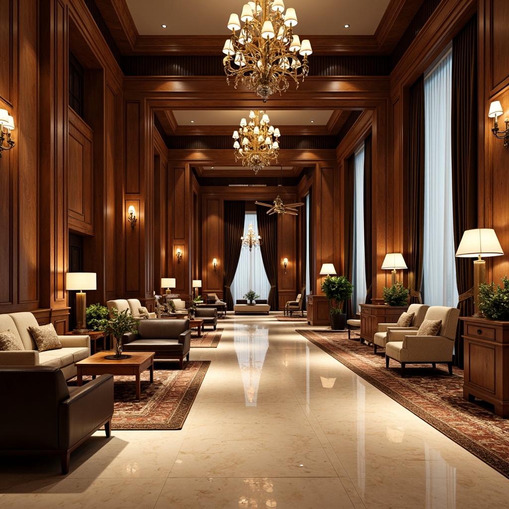 Prompt: Luxurious hotel lobby, rich wooden flooring, dark walnut panels, ornate rug patterns, classic marble inlays, warm beige carpeting, soft cream-colored tile, elegant stone accents, vintage-inspired furniture, opulent chandeliers, lavish drapery, intimate seating areas, ambient warm lighting, shallow depth of field, 2/3 composition, realistic textures, atmospheric reflections.