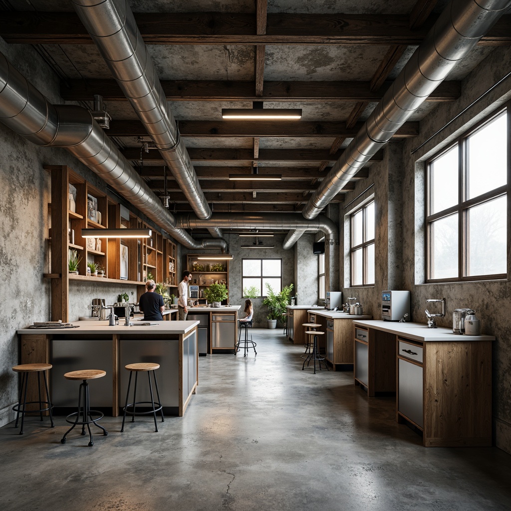 Prompt: Rustic laboratory interior, distressed metal walls, exposed ductwork, polished concrete floors, stainless steel equipment, industrial-grade lighting fixtures, minimalist workstations, ergonomic stools, safety glass partitions, epoxy resin countertops, raw wood accents, metallic color schemes, high-contrast photography, dramatic shadows, shallow depth of field, 1/1 composition, realistic textures, ambient occlusion.