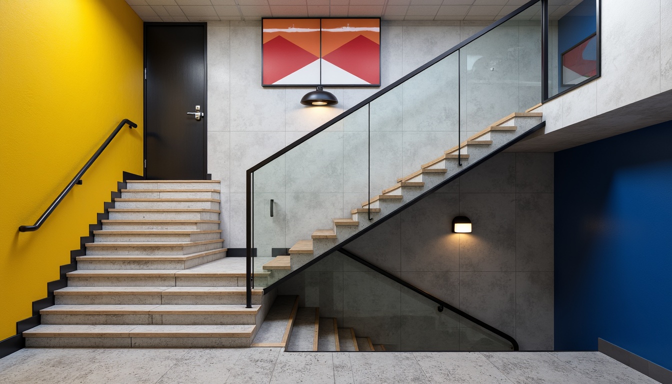 Prompt: Monochromatic staircase, sleek metal handrails, minimalist architecture, neutral background walls, bold accent color pops, vibrant yellow, deep blue, rich red, geometric patterns, modern lighting fixtures, subtle shadows, natural materials, wooden steps, industrial design, urban atmosphere, low-key ambient lighting, 1/1 composition, realistic textures.