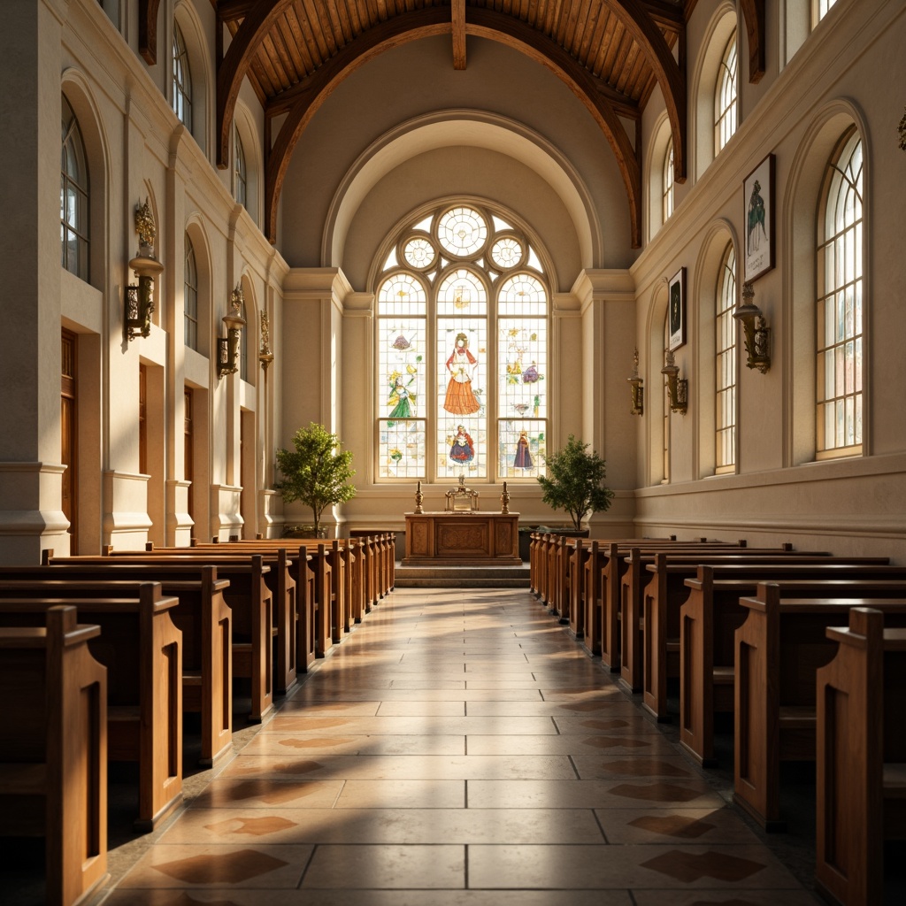 Prompt: Ethereal church interior, stained glass windows, soft diffused light, ornate wooden pews, cream-colored stone walls, vaulted ceilings, intricate murals, subtle color gradations, ambient illumination, translucent altar screens, delicate filigree patterns, sacred symbols, minimalist decor, serene atmosphere, warm golden lighting, shallow depth of field, 1/2 composition, realistic reflections, subtle texture overlays.