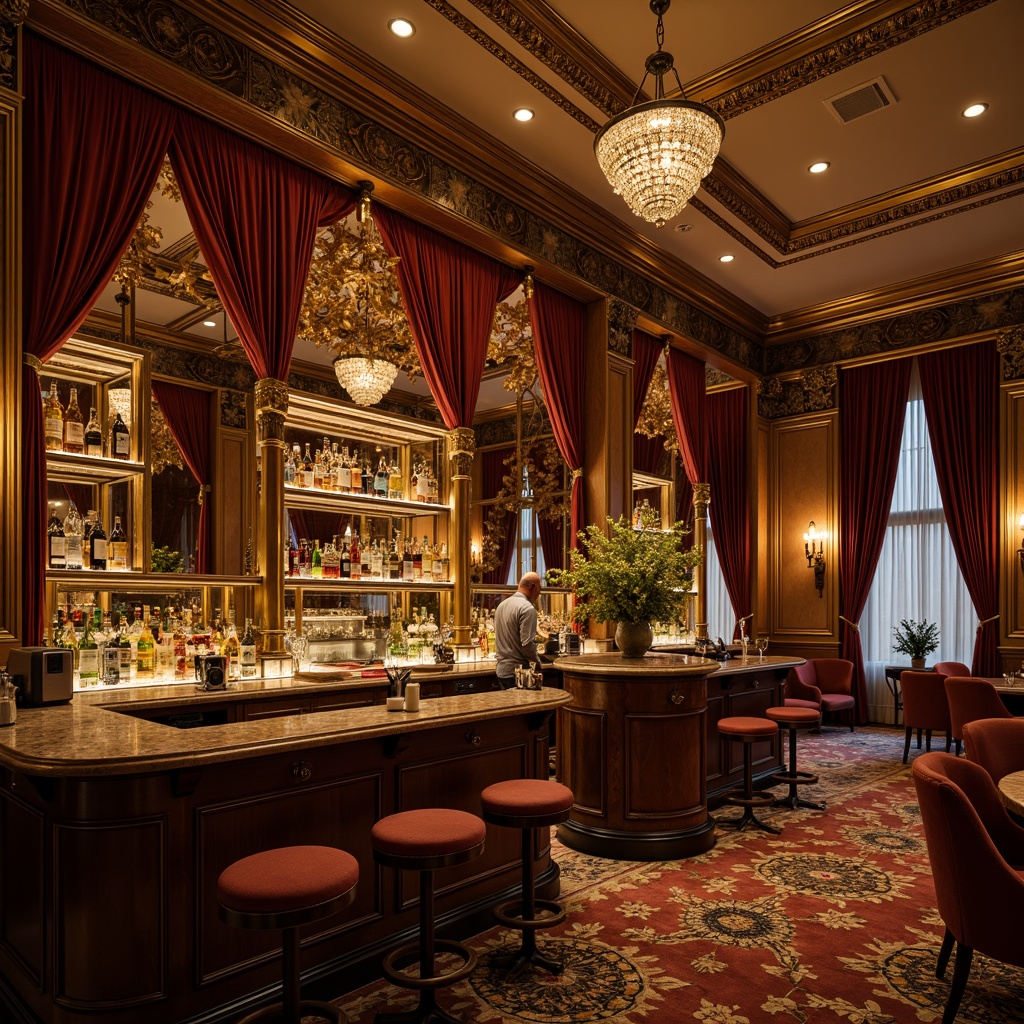 Prompt: Opulent home bar, gilded mirrors, ornate carvings, curved silhouettes, velvet drapes, crystal chandeliers, intricate moldings, luxurious fabrics, rich wood tones, polished marble countertops, antique furniture pieces, lavish decorative accents, warm golden lighting, soft focus blur, 1/2 composition, intimate atmosphere, realistic reflections, detailed textures.