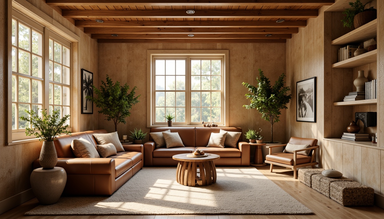 Prompt: Warm beige cork walls, natural earthy tones, soft creamy whites, rich walnut wood accents, earthy brown leather upholstery, subtle golden metallic hints, organic textures, rustic charm, cozy intimate atmosphere, warm ambient lighting, shallow depth of field, 1/1 composition, realistic reflections, ambient occlusion.