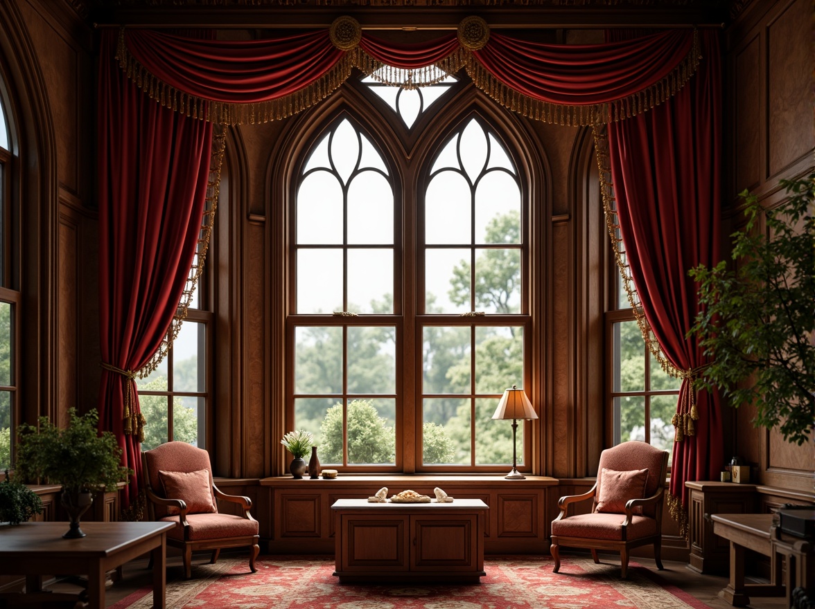 Prompt: Elegant Victorian-style mansion, intricately carved wooden windows, ornate drapery rods, lavish velvet curtains, tassel trimmings, ornamental tiebacks, flowing silk fabrics, rich jewel-toned colors, subtle sheen, soft warm lighting, shallow depth of field, 1/1 composition, realistic textures, ambient occlusion, luxurious interior design, opulent furnishings, classic patterns, refined details.