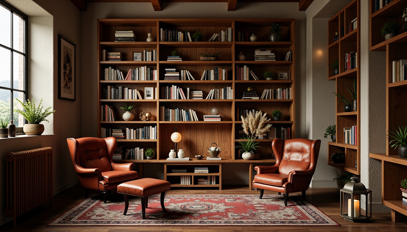 Prompt: Warm wooden bookshelves, vintage leather armchairs, cozy reading nooks, earthy color tones, natural stone walls, rich wood flooring, comfortable plush carpets, rustic metal lanterns, warm candlelight, soft warm lighting, shallow depth of field, 3/4 composition, realistic textures, ambient occlusion.