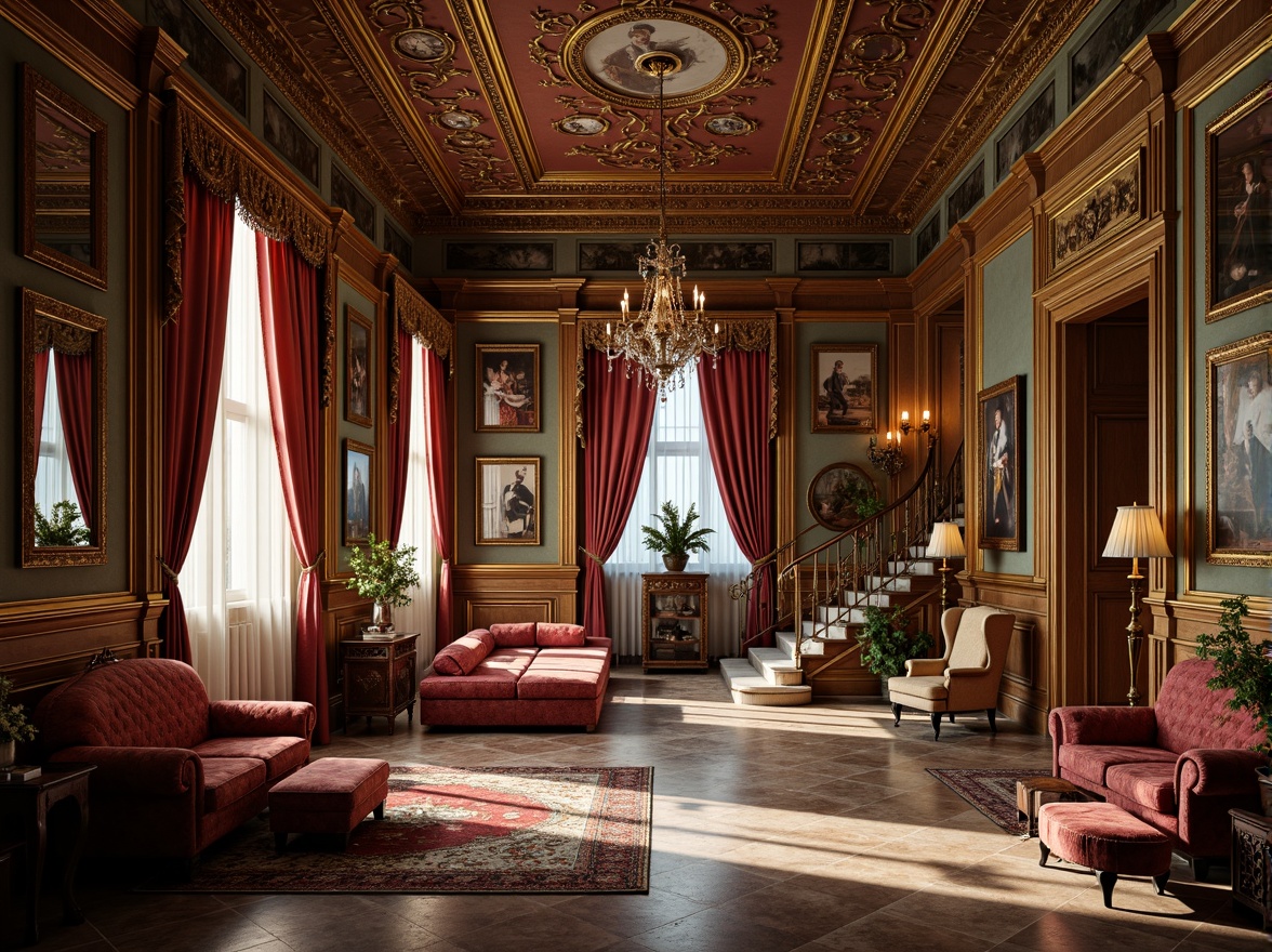 Prompt: Ornate Renaissance-style mansion, lavish furnishings, intricately carved wooden furniture, velvet upholstery, gilded frames, ornamental mirrors, crystal chandeliers, rich tapestries, luxurious fabrics, brocade patterns, golden accents, majestic columns, marble floors, grand staircase, warm soft lighting, shallow depth of field, 1/1 composition, realistic textures, ambient occlusion.